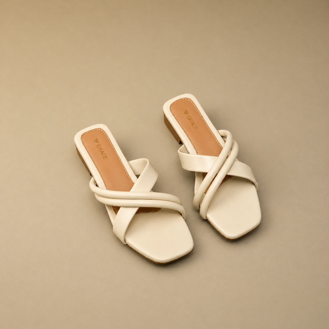 WOMEN MINIMALIST BEIGE CROSS-STRAP FLAT SANDALS AFT48