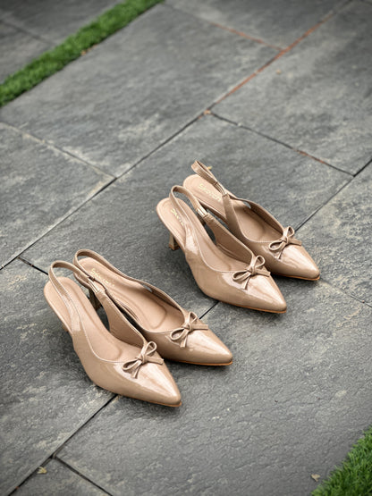 WOMEN MINIMAL BOW PATENT POINT HEELS PHBROWN