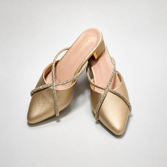 WOKEN ELEGANT GOLD-TONE STONE STRAP HEEL SHOE MD110