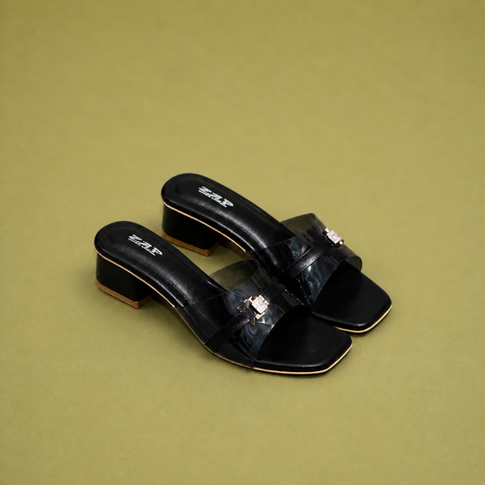 WOMEN SLEEK BLACK CLEAR STRAP HEELS 762BLK