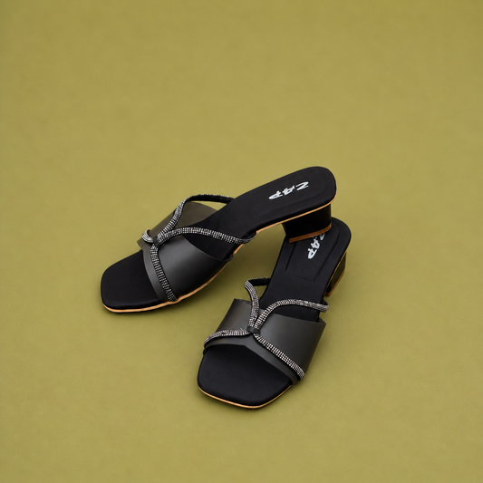 WOMEN BLACK RHINESTONE STRAP BLOCK HEELS SN20