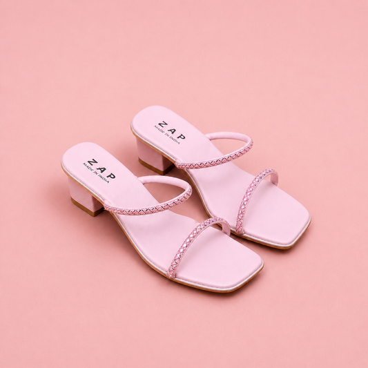 WOMEN BLUSH PINK RHINESTONE STRAP BLOCK HEELS AT49