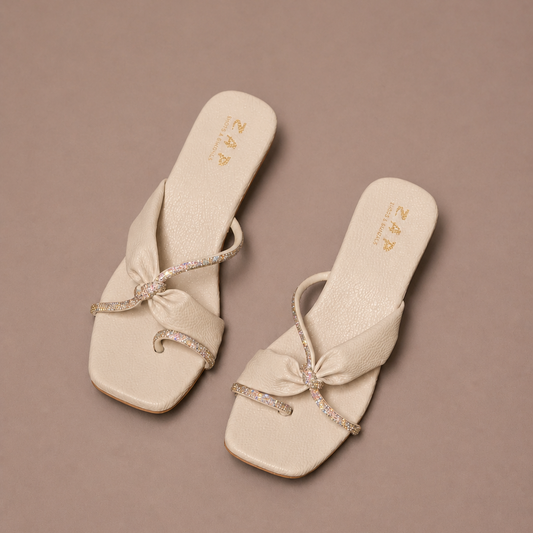 CREAM KNOT RHINESTONE FLAT SANDALS JS08