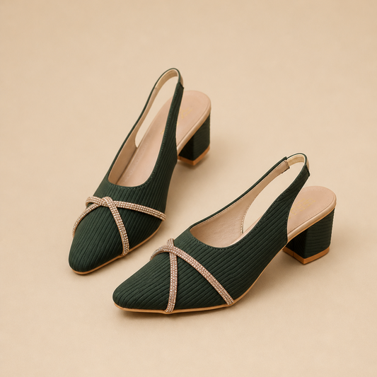 WOMEN EMERALD GREEN STRAP SLINGBACK HEELS JS09