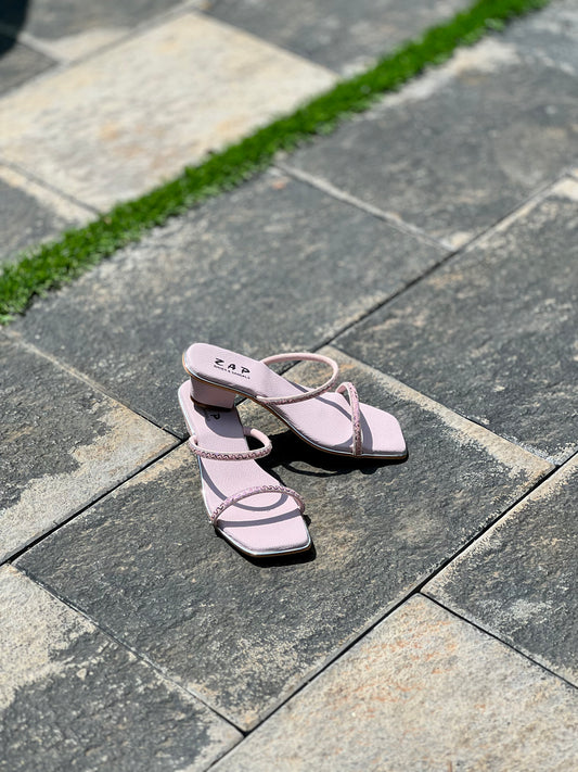 WOMEN BLUSH PINK RHINESTONE STRAP BLOCK HEELS AT49