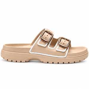 Beige Platform Slide with Rose-Gold Buckles